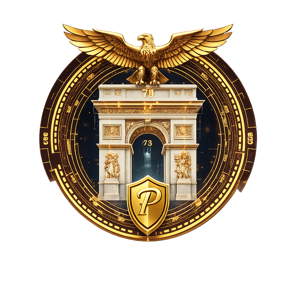 $PARC coin — Patriot Arch crest with gold eagle, Arc de Triomphe, and P shield